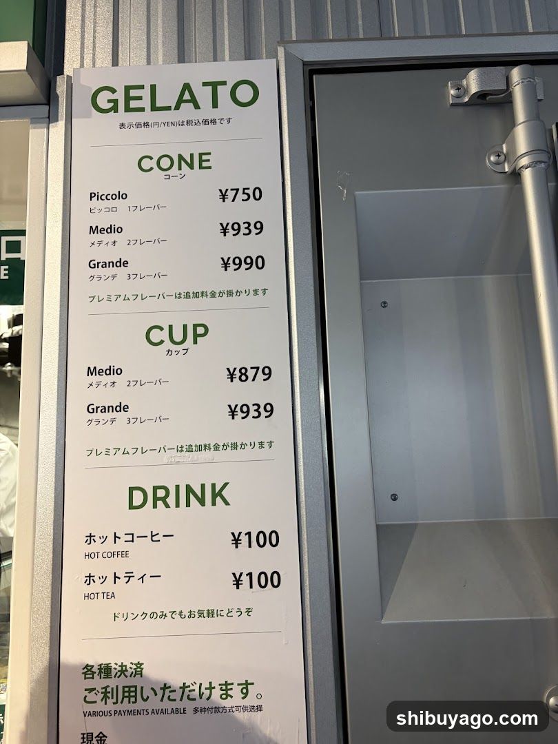 A menu board displaying prices and options for gelato cones, cups, and drinks.