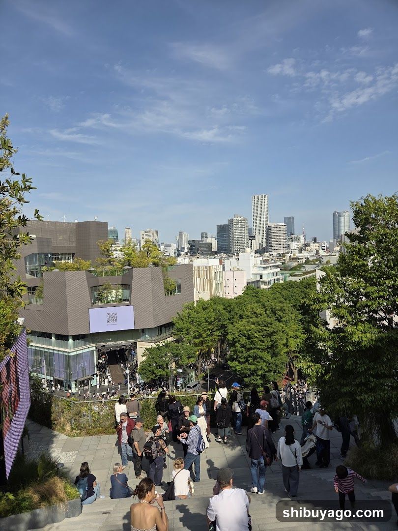 Crowded Steps with City Skyline