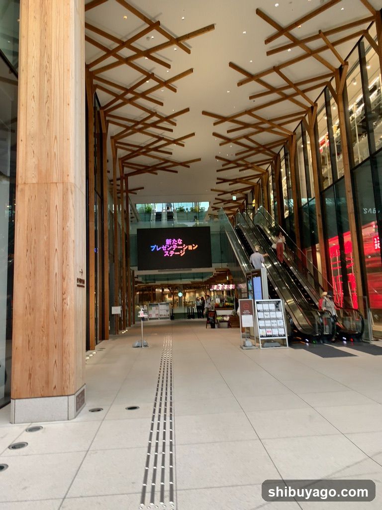 Modern Interior with Wooden Ceiling and Escalator