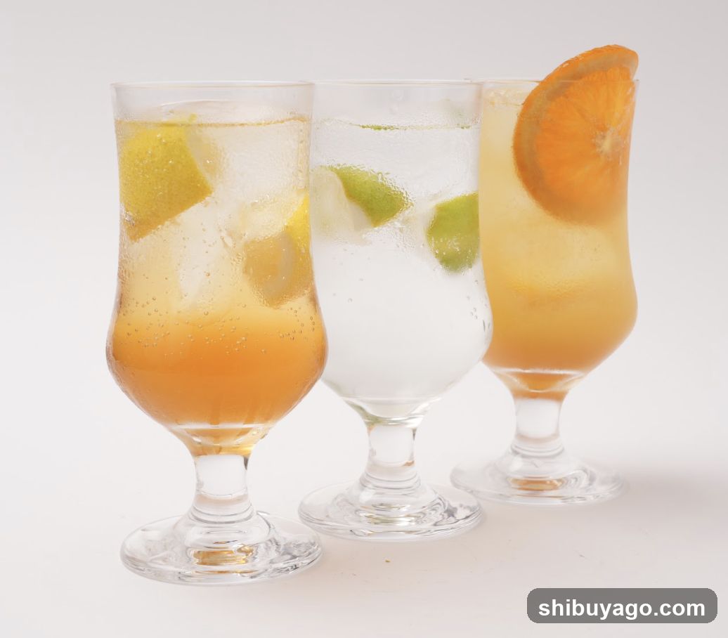 Three glasses of citrus-infused drinks with ice cubes and garnishes