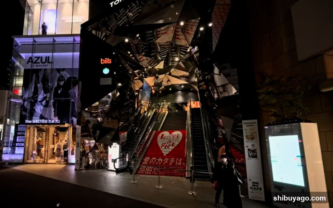 Night Street Scene with Storefronts and Escalators