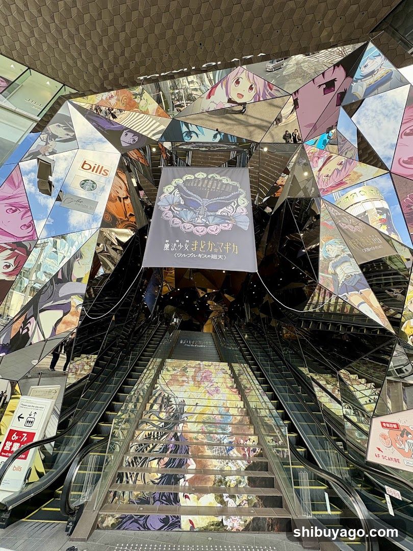 Anime-themed escalator interior