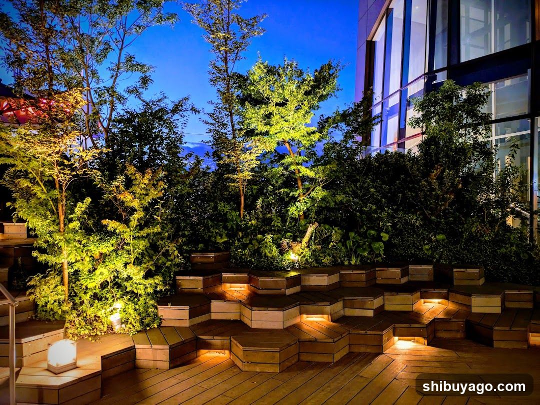 Illuminated Garden Terrace at Dusk