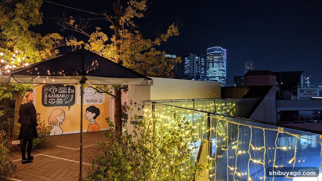 Rooftop Night Scene with City Skyline
