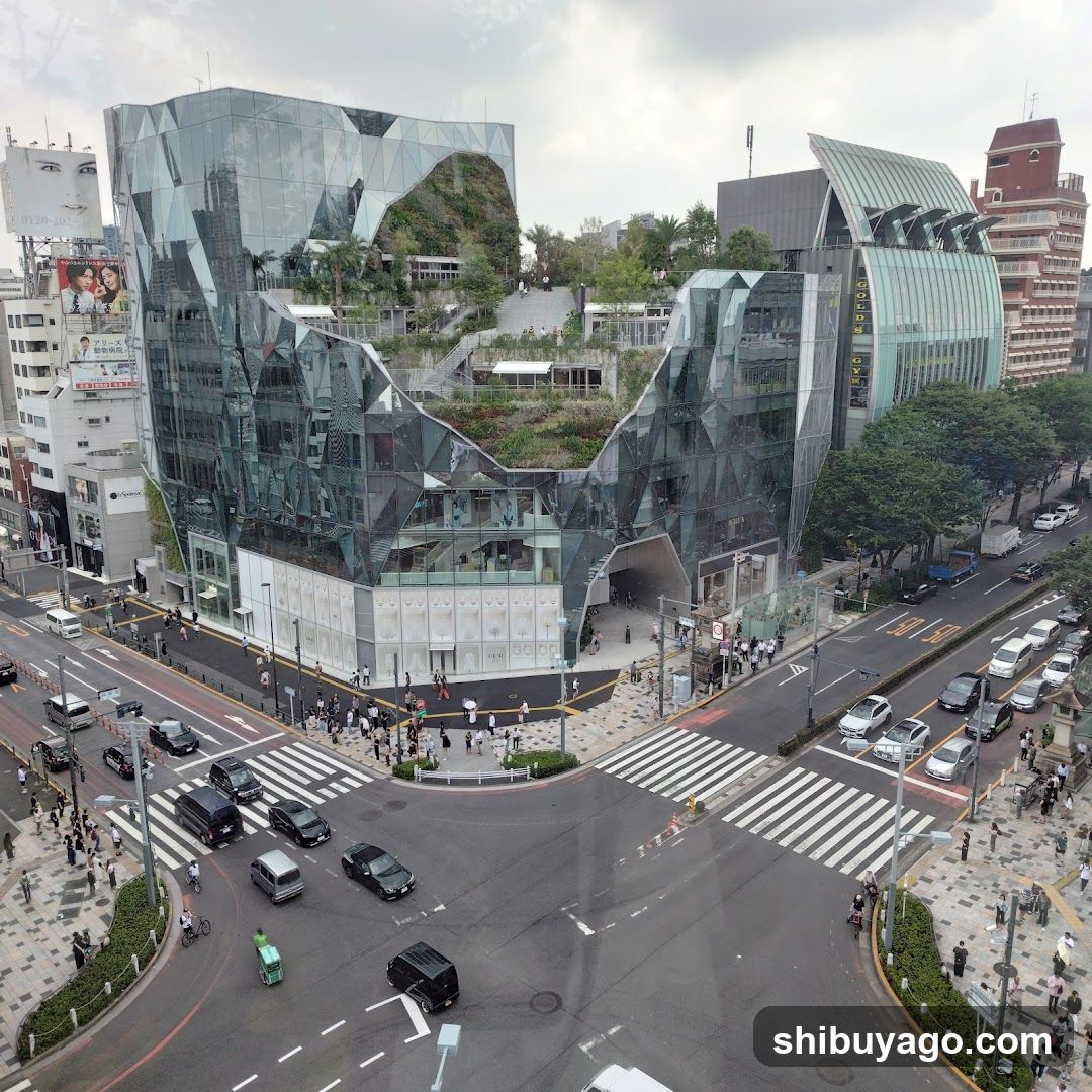 Modern glass building with green roof in urban intersection
