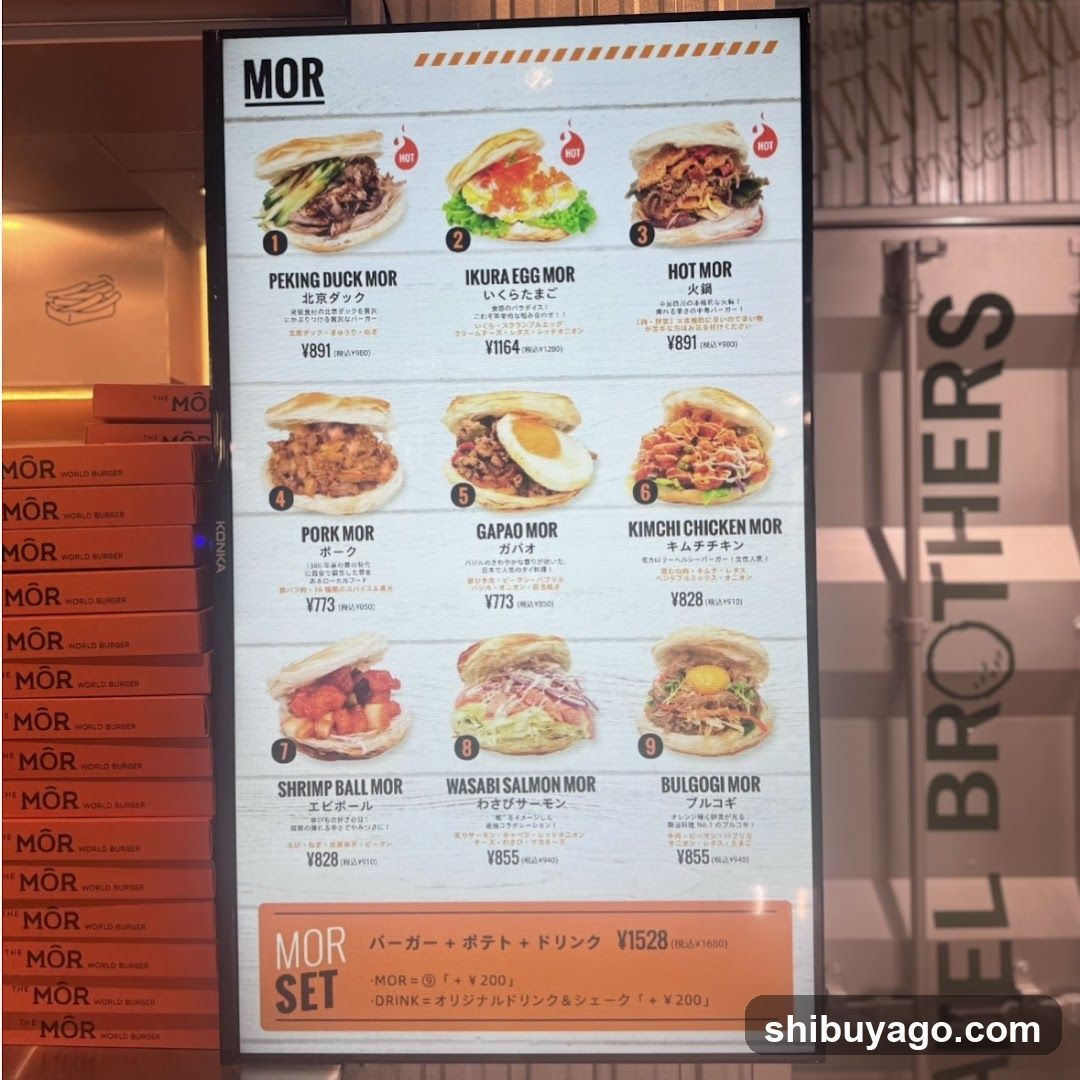A vertical menu board displaying various sandwich items with prices in yen, including Peking Duck Mor, Ikura Egg Mor, Hot Mor, Pork Mor, Gapao Mor, Kimchi Chicken Mor, Shrimp Ball Mor, Wasabi Salmon Mor, and Bulgogi Mor. A MOR Set option is also listed at the bottom.