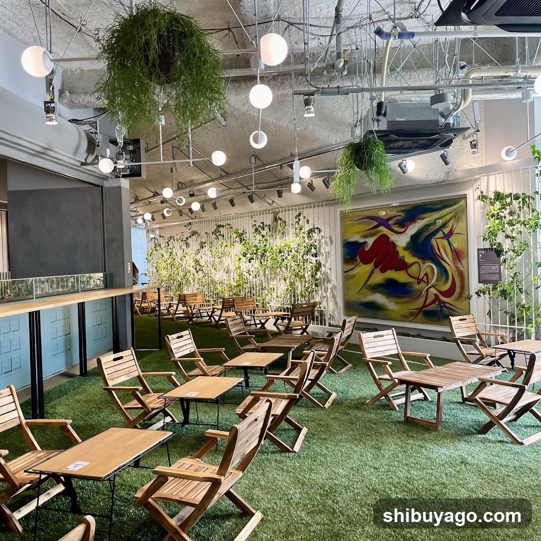 Indoor Cafe with Greenery and Artwork