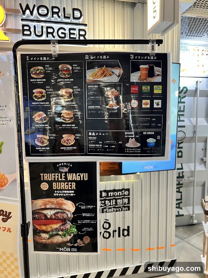 A large menu board displaying burger options, sides, drinks, and a special truffle wagyu burger advertisement.