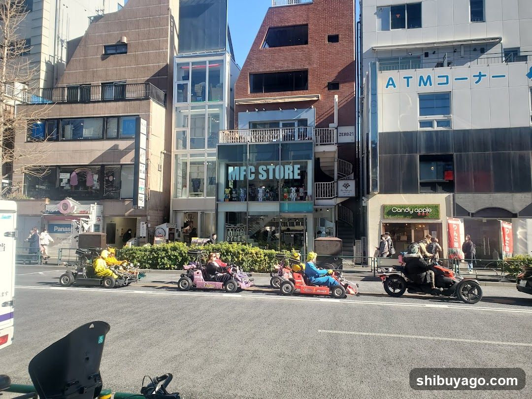 Street scene with go-karts and shops