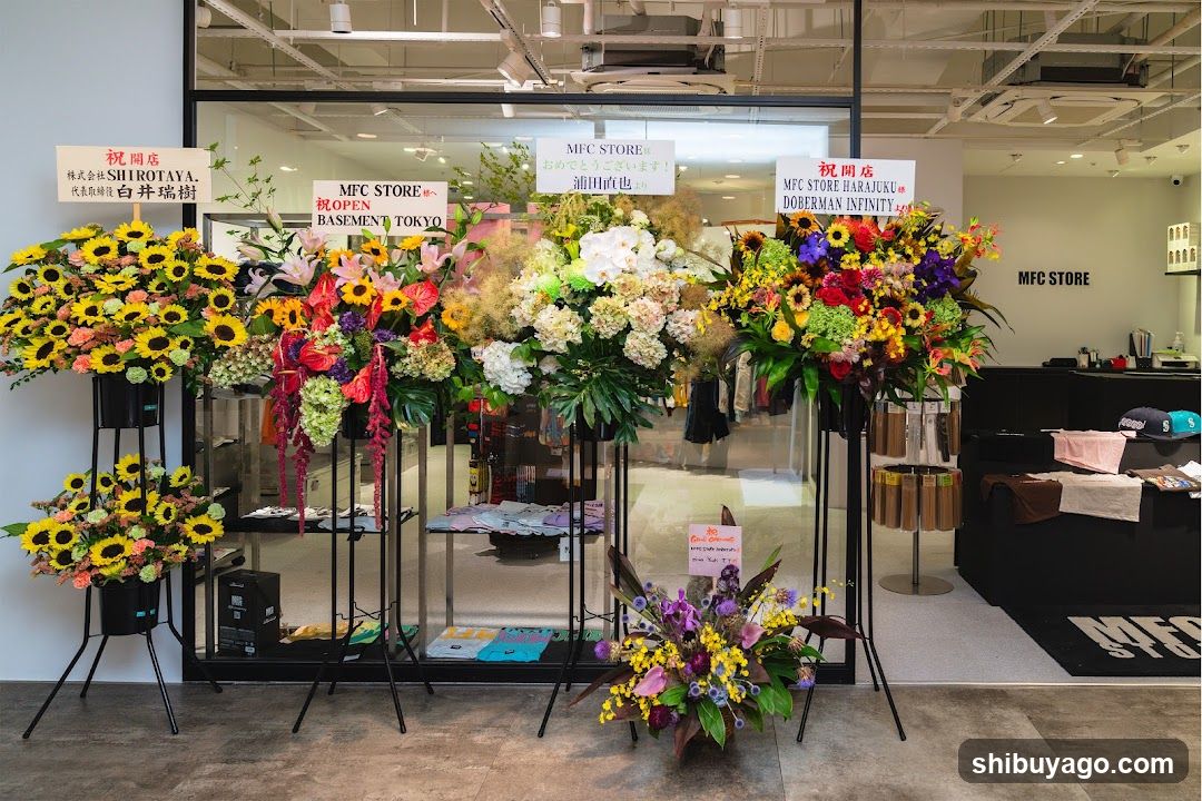 The image shows the storefront of a flower shop, likely celebrating an opening or special event. There are multiple floral arrangements displayed on stands outside the store entrance. Signs above the windows indicate it is a new store (祝開店) and mention 'MFC STORE' along with other names like 'SHIROTAYA', 'HARAJUKU DOBERMAN INFINITY'. The interior appears to be well-lit with various products visible through the glass doors.