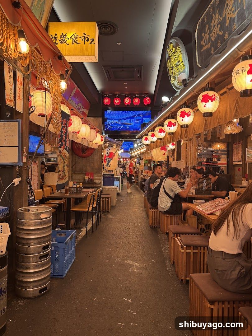 Japanese-style food alleyway with lanterns and diners
