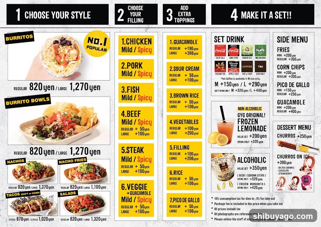 A colorful printed menu featuring burritos, bowls, sides, and drinks with prices in yen.