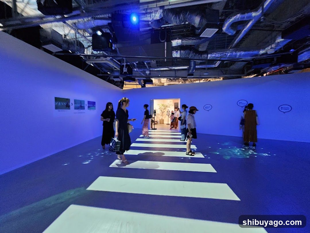 Blue-lit Gallery Space with Crosswalk Floor Projection