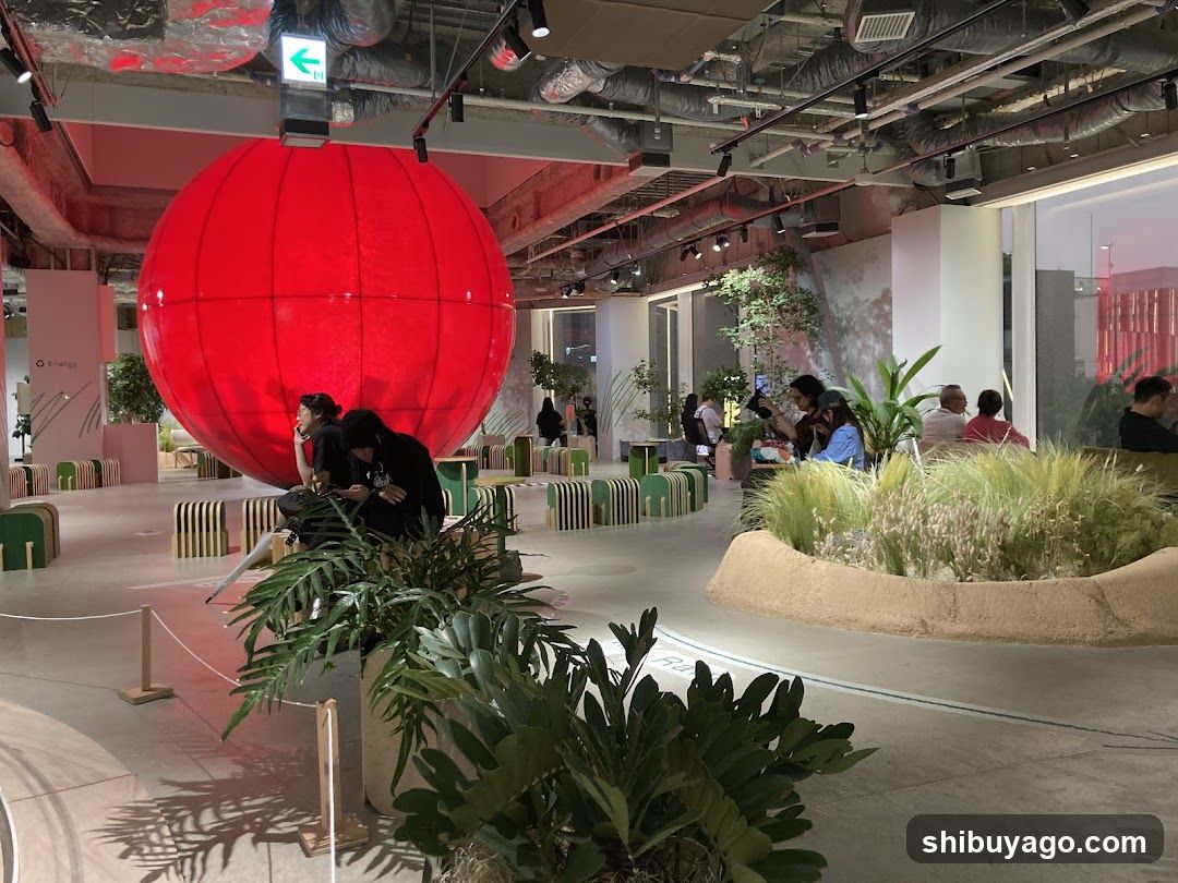 Indoor Space with Red Sphere and Plants