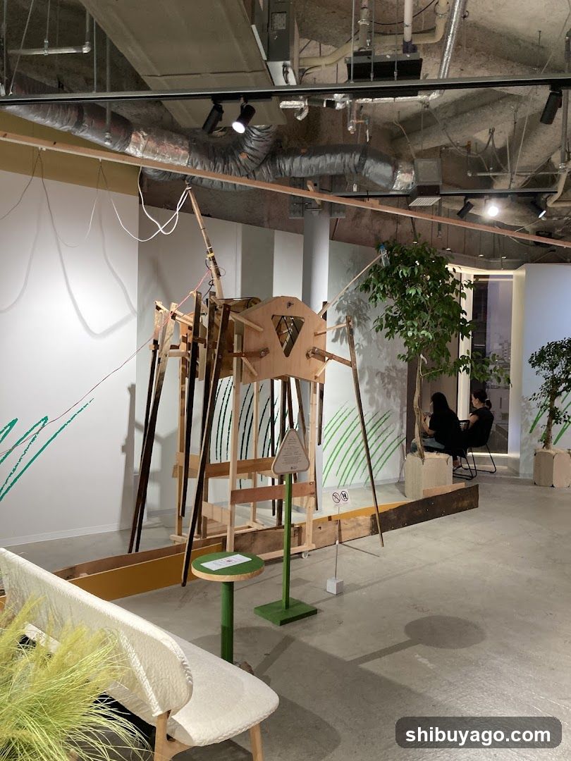 Interior Art Installation with Wooden Structure and Plants