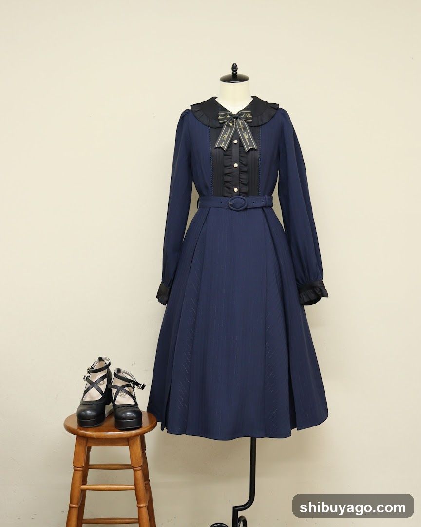 Navy Blue Victorian-Style Dress with Bow Detail