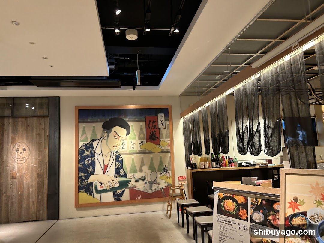 Interior of Japanese Restaurant with Artwork and Menu Display