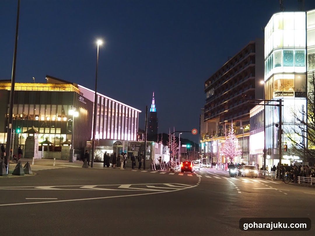 Nighttime Street Scene with Illuminated Buildings
