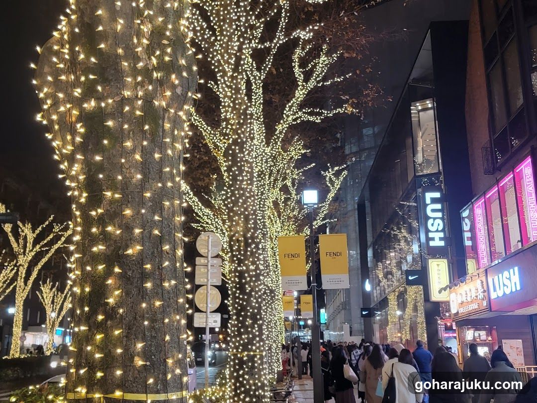 Night Street with Decorated Trees and Shops