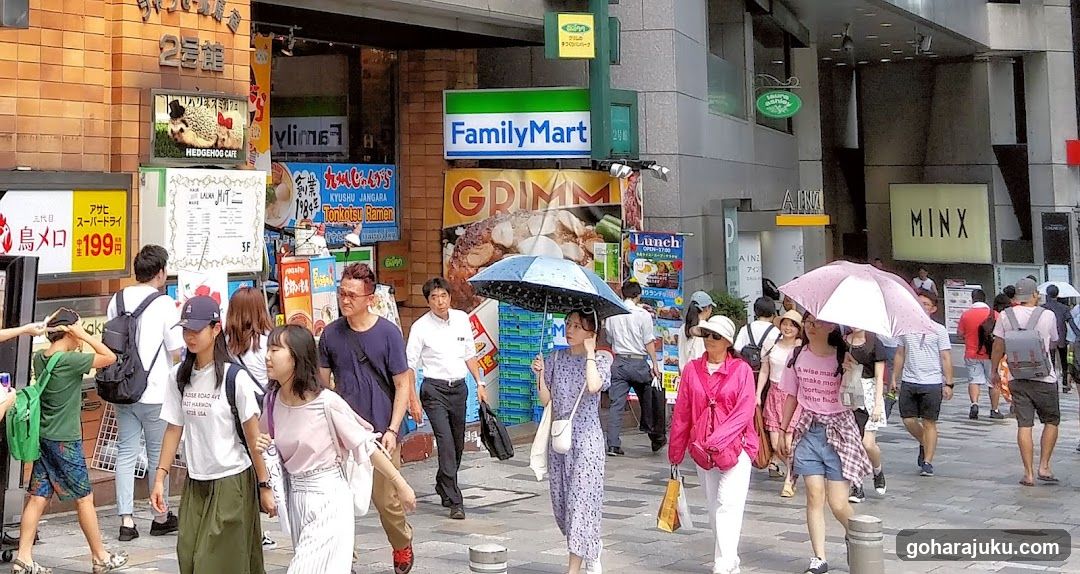 Busy Street Scene with Shops and Pedestrians