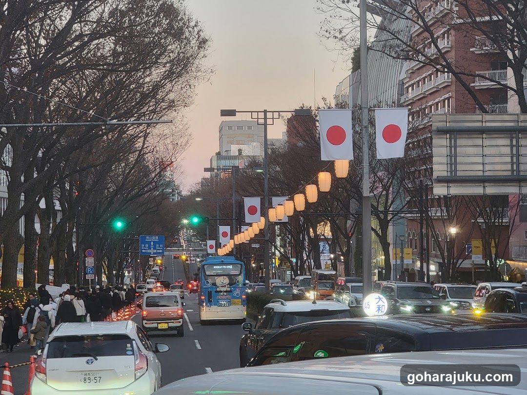 Tokyo Street Scene with Japanese Flags and Lanterns
