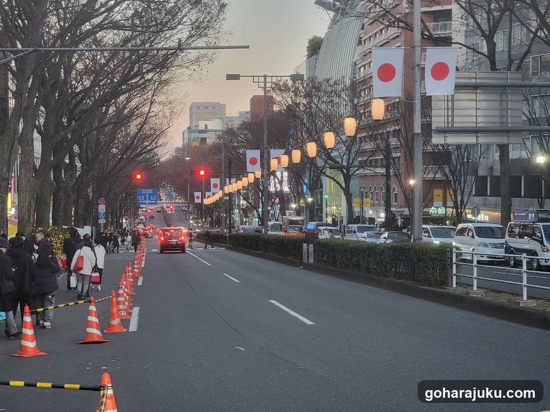Street scene with Japanese flags and lanterns