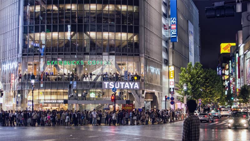 Tsutaya building overlooking Shibuya Crossing with Starbucks on second floor
